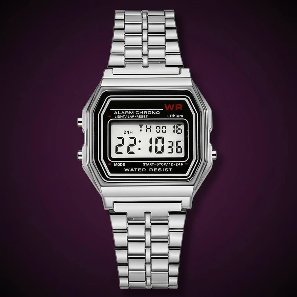 Model 1980 Retro Non-Waterproof Steel Band Watch For Women, Men, Business Clock, Multi-Functional LED Digital Sports Watch, Electronic Clock