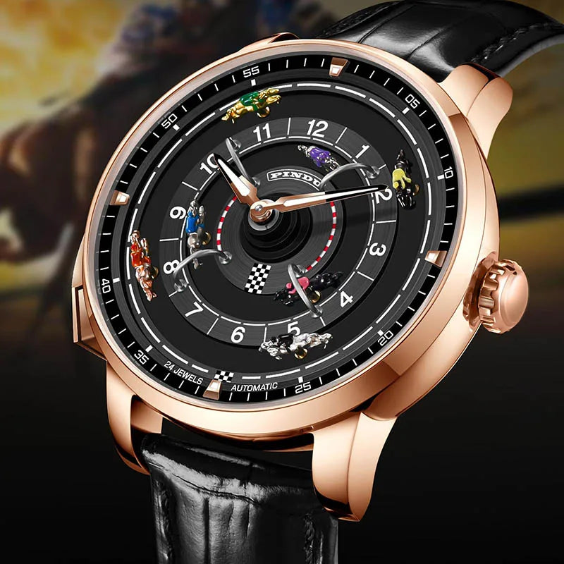 Pindu Designs NH35 Men's Mechanical Watch Press Button Turn Horse Riding Roulette Blue Sapphire Mirror Miyota Movement Jacob