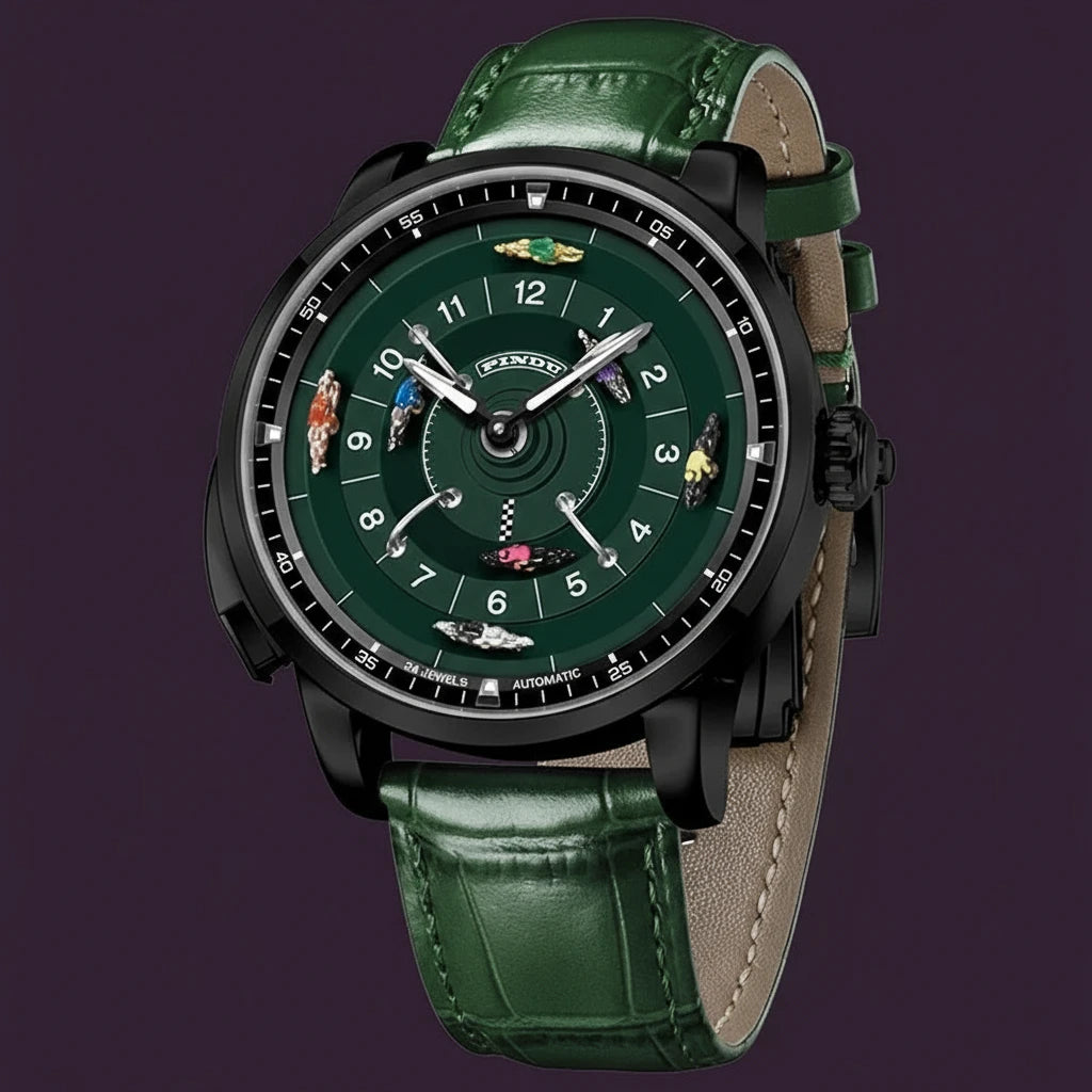 Pindu Designs NH35 Men's Mechanical Watch Press Button Turn Horse Riding Roulette Blue Sapphire Mirror Miyota Movement Jacob