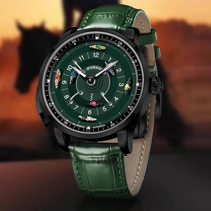 Pindu Designs NH35 Men's Mechanical Watch Press Button Turn Horse Riding Roulette Blue Sapphire Mirror Miyota Movement Jacob