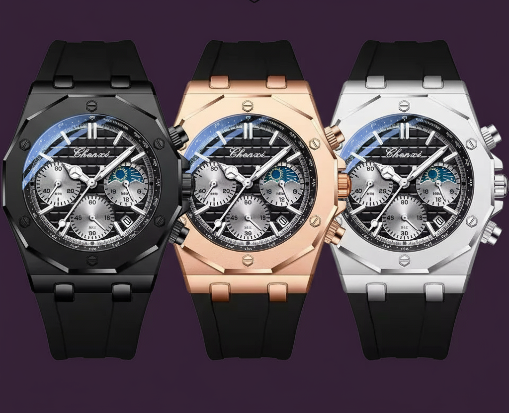 VULCAN Model Men's Luxury Sport Watch Mens Quartz Chronograph Wristwatch Luminous Silicone Dial Alloy Case Oval Shape Packed Box