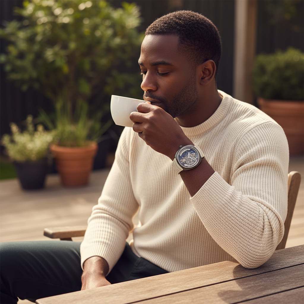 Black man drinking coffee wearing luxury watch